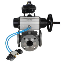 Кран шаровой BV3232P(4pc)-FP-3WL-F Ду100 Ру16 полнопроходной трехходовой, фланцевый, корпус - нержавеющая сталь SS316, с пневмоприводом PA-DA-105-1 двойного действия, пневмораспределителем 4V320-08 AC220V и БКВ APL-410N EX