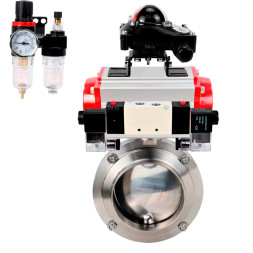 Затвор дисковый поворотный WBV3131S-2W-W-H Ду15 Ру10, под приварку, пищевая нержавеющая сталь 304, уплотнение - Silicon, с пневмоприводом PA-DA-052, пневмораспределителем 4M320-08 AC220V, БКВ APL-210N и БПВ AFC2000