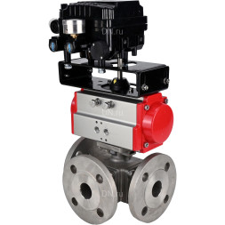 Кран шаровой BV3232P(4pc)-FP-3WL-F Ду15 Ру16 полнопроходной трехходовой, фланцевый, корпус - нержавеющая сталь SS316, с пневмоприводом PA-SA-052 с возвратными пружинами и пневмопозиционером YT-1000RSN с обратной связью
