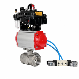 Кран шаровой BV3232P(4pc)-SP-3WL-T-ISO-H WDVF Ду40 Ру63 стандартнопроходной, 3-ходовой L-тип, внутренняя резьба, нержавеющая сталь AISI 316, PTFE, с пневмоприводом PA-DA-083, пневмораспределителем 4V320-10 AC220V, БКВ APL-410N EX и БПВ AFC2000