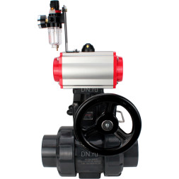 Кран шаровой BV4242E-FP-GRM-ISO Дн15 Ру10 полнопроходной, корпус - НПВХ, шар - НПВХ, уплотнение - EPDM, с пневмоприводом PA-DA-052, пневмораспределителем 4V320-10 AC220V, ручным дублером MON1-250-T26-ISO и БПВ AFC2000