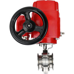 Затвор дисковый поворотный WBV3131E-2W-C-H Ду32 Ру10 кламповый, корпус - пищевая нержавеющая сталь 304, уплотнение - EPDM, с электроприводом QT-EX-005M-O2-220VAC-У1 с моментной муфтой и штурвалом
