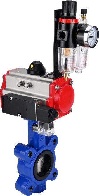 Затвор дисковый поворотный WBV1631N-2W-Fb-H Ду65 Ру16 LUG корпус - чугун QT450, диск - нержавеющая сталь 304, уплотнение - NBR, с пневмоприводом PA-SA-105, пневмораспределителем 4M310-08 DC24V и БПВ AFC2000 в Омске