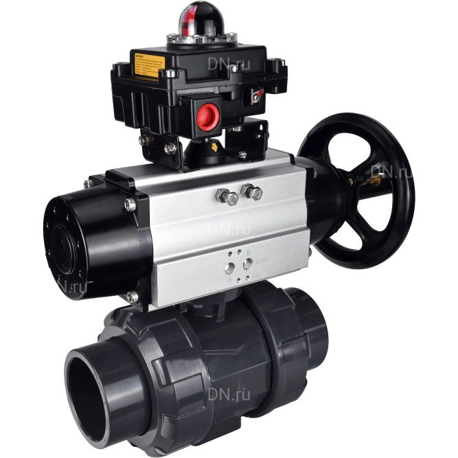 Кран шаровой BV4242E-FP-GRM-ISO Дн32 Ру10 полнопроходной, корпус - НПВХ, шар - НПВХ, уплотнение - EPDM, с пневмоприводом PA-DA-105-1 и БКВ APL-410N EX в Омске