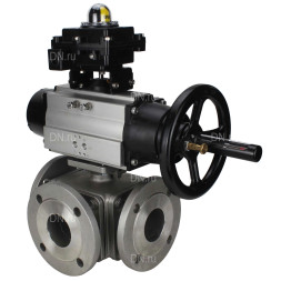 Кран шаровой BV3232P(4pc)-FP-3WL-F Ду100 Ру16 полнопроходной трехходовой, фланцевый, корпус - нержавеющая сталь SS316, с пневмоприводом PA-DA-105-1 двойного действия и БКВ APL-410N EX