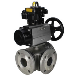 Кран шаровой BV3232P(4pc)-FP-3WL-F Ду100 Ру16 полнопроходной трехходовой, фланцевый, корпус - нержавеющая сталь SS316, с пневмоприводом PA-DA-105-1 двойного действия и БКВ APL-410N EX