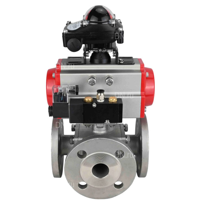 Кран шаровой BV3232P(4pc)-FP-3WL-F Ду80 Ру16 полнопроходной трехходовой, фланцевый, корпус - нержавеющая сталь SS316, с пневмоприводом PA-DA-105 двойного действия, пневмораспределителем 4M310-08 DC24V и БКВ APL-210N в Омске