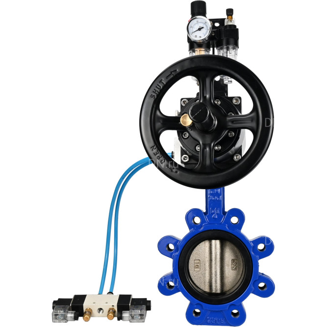 Затвор дисковый поворотный WBV1616E-2W-Fb-H Ду150 Ру16 LUG корпус - чугун QT450, диск - чугун QT450, уплотнение - EPDM, с пневмоприводом PA-DA-105-1, пневмораспределителем 4V320-10 AC220V и БПВ AFC2000 в Омске