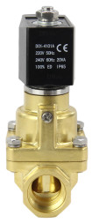 Клапан электромагнитный VS1000-PT-NC-220VAC 1″ Ду25 Ру16 соленоидный двухходовой поршневой, резьбовой, корпус - латунь, уплотнение - PTFE, пилотного действия, нормально закрытый, катушка - 220В AC