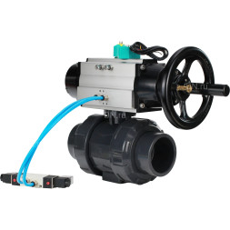 Кран шаровой BV4242E-FP-GRM-ISO Дн20 Ру10 полнопроходной, корпус - НПВХ, шар - НПВХ, уплотнение - EPDM, с пневмоприводом PA-DA-105-1, пневмораспределителем 4V320-08 AC220V и магнитным переключателем ALS200D
