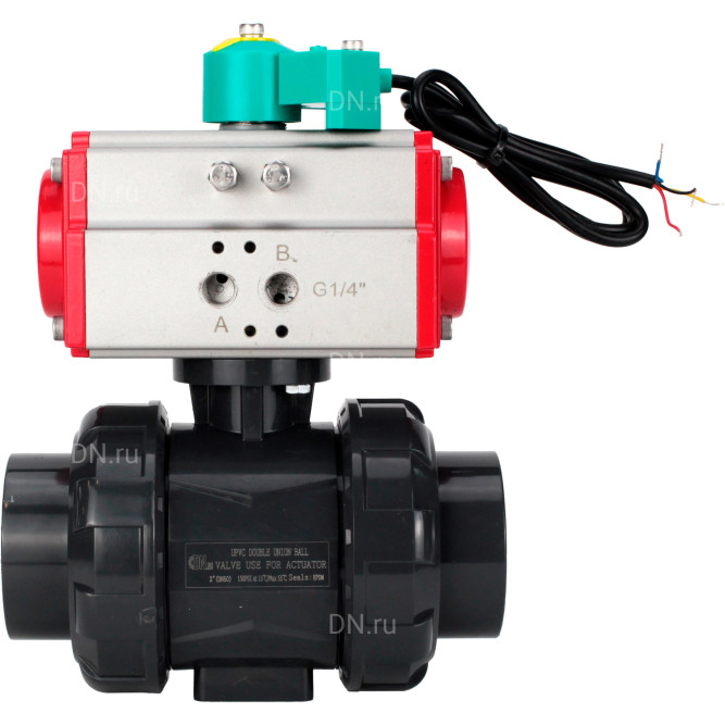 Кран шаровой BV4242E-FP-GRM-ISO Дн32 Ру10 полнопроходной, корпус - НПВХ, шар - НПВХ, уплотнение - EPDM, с пневмоприводом PA-DA-052 и магнитным переключателем ALS200D в Омске