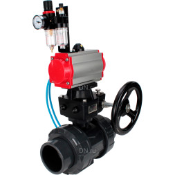 Кран шаровой BV4242E-FP-GRM-ISO Дн25 Ру10 полнопроходной, корпус - НПВХ, шар - НПВХ, уплотнение - EPDM, с пневмоприводом PA-DA-052, пневмораспределителем 4V320-10 AC220V, ручным дублером MON1-250-T26-ISO и БПВ AFC2000