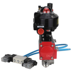 Кран шаровой BV3232P(4pc)-SP-3WL-T-ISO-H 1″ Ду25 Ру63 стандартнопроходной трехходовой L-тип, нержавеющая сталь SS316, внутренняя резьба, PTFE, с пн.приводом PA-DA-052 пн.распределителем 4V320-10 AC220V БПВ AFC2000 БКВ APL-510N-EX