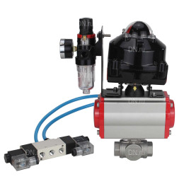 Кран шаровой BV3232P(4pc)-SP-3WL-T-ISO-H 1″ Ду25 Ру63 стандартнопроходной трехходовой L-тип, нержавеющая сталь SS316, внутренняя резьба, PTFE, с пн.приводом PA-DA-052 пн.распределителем 4V320-10 AC220V БПВ AFC2000 БКВ APL-510N-EX