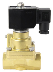 Клапан электромагнитный VS1000-PT-NC-220VAC 1 1/4″ Ду32 Ру12 соленоидный двухходовой поршневой, резьбовой, корпус - латунь, уплотнение - PTFE, пилотного действия, нормально закрытый, катушка - 220В AC