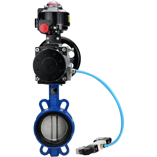 Затвор дисковый поворотный WBV1432E-2W-Fb-H Ду150 Ру16, корпус - чугун GGG50, диск - нержавеющая сталь 316L, уплотнение - EPDM, с пневмоприводом PA-DA-105-1 двойного действия, с пневмораспределителем 4V320-08 AC220V, с БКВ APL-510N-EX в Омске