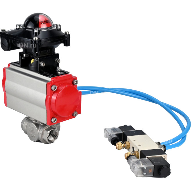 Кран шаровой BV3232P(4pc)-SP-3WL-T-ISO-H Ду32 Ру63, стандартнопроходной, четырехсоставной, корпус - нержавеющая сталь 316, уплотнение - PTFE, внутренняя резьба, с пневмоприводом PA-SA-065, пневмораспределителем 4V320-08 AC220V, БКВ APL-210N в Омске