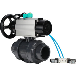 Кран шаровой BV4242E-FP-GRM-ISO Дн25 Ру10 полнопроходной, корпус - НПВХ, шар - НПВХ, уплотнение - EPDM, с пневмоприводом PA-DA-105-1, пневмораспределителем 4V320-08 AC220V и магнитным переключателем ALS200D