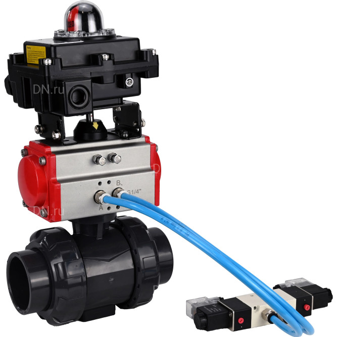 Кран шаровой BV4242E-FP-GRM-ISO Дн32 Ру10 полнопроходной, корпус - НПВХ, шар - НПВХ, уплотнение - EPDM, с пневмоприводом PA-SA-052, пневмораспределителем 4V320-08 AC220V и БКВ APL-410N EX в Омске