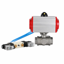 Кран шаровой BV3232P(4pc)-SP-3WT-T-ISO-H WDVF Ду25 Ру63 стандартнопроходной, 3-ходовой Т-тип, внутренняя резьба, корпус - нержавеющая сталь AISI 316, уплотнение - PTFE, с пневмоприводом PA-DA-065 и пневмораспределителем 4V320-10 AC220V