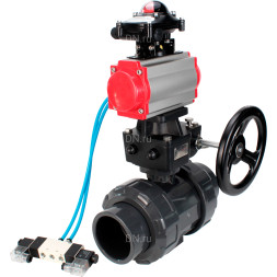Кран шаровой BV4242E-FP-GRM-ISO Дн65 Ру10 полнопроходной, корпус - НПВХ, шар - НПВХ, уплотнение - EPDM, с пневмоприводом PA-DA-065, пневмораспределителем 4V320-08 AC220V, ручным дублером MON1-250-T26-ISO и БКВ APL-210N