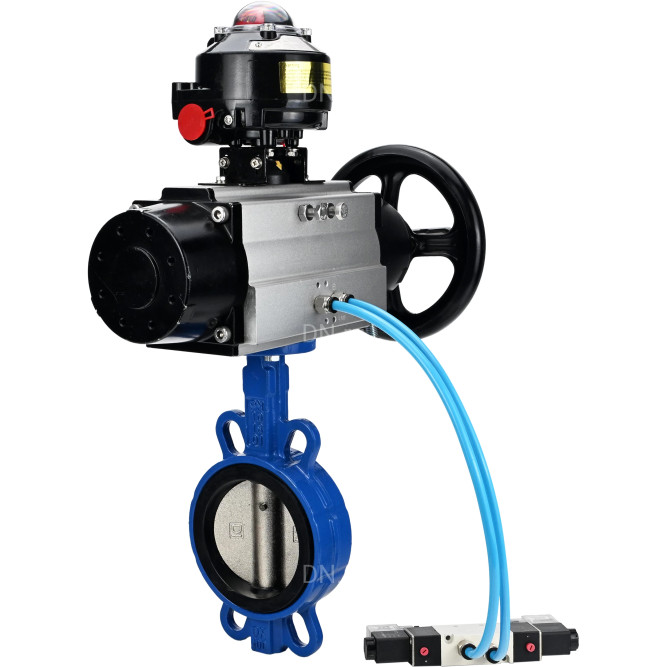 Затвор дисковый поворотный WBV1413E-2W-Fb-H Ду150 Ру16, корпус - чугун GGG50, диск - чугун GGG40, уплотнение - EPDM, с пневмоприводом PA-DA-105-1 двойного действия, с пневмораспределителем 4V320-08 AC220V, с БКВ APL-510N-EX в Омске