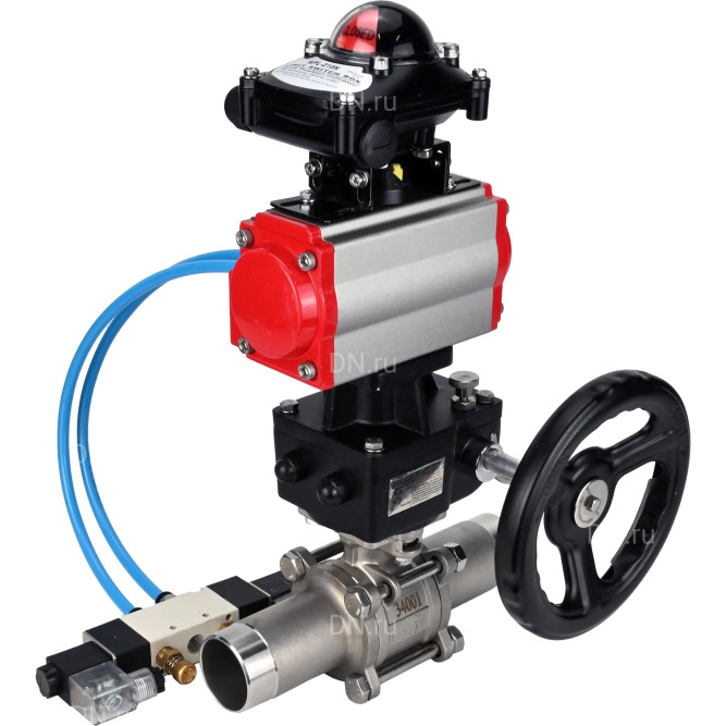 Кран шаровой BV3131P(3pc)-FP-W-ISO-H LONG Ду150 Ру16, полнопроходной, нержавеющая сталь 304, уплотнение - PTFE, под приварку, с пневмоприводом PA-DA-140, с пневмораспределителем 4V320-10 AC220V, БКВ APL-210N, ручным дублером MON4-1200-T54-ISO в Омске