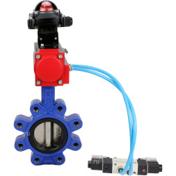 Затвор дисковый поворотный WBV1616N-2W-Fb-H Ду125 Ру16 LUG корпус - чугун QT450, диск - чугун QT450, уплотнение - NBR, с пневмоприводом PA-DA-105, пневмораспределителем 4V320-08 AC220V и БКВ APL-210N