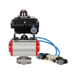 Кран шаровой BV3232P(4pc)-SP-3WL-T-ISO-H Ду50 Ру63, стандартнопроходной, четырехсоставной, корпус - нержавеющая сталь 316, уплотнение - PTFE, внутренняя резьба, с пневмоприводом PA-DA-065, пневмораспределителем 4V320-10 AC220V, БКВ APL-410N Ex