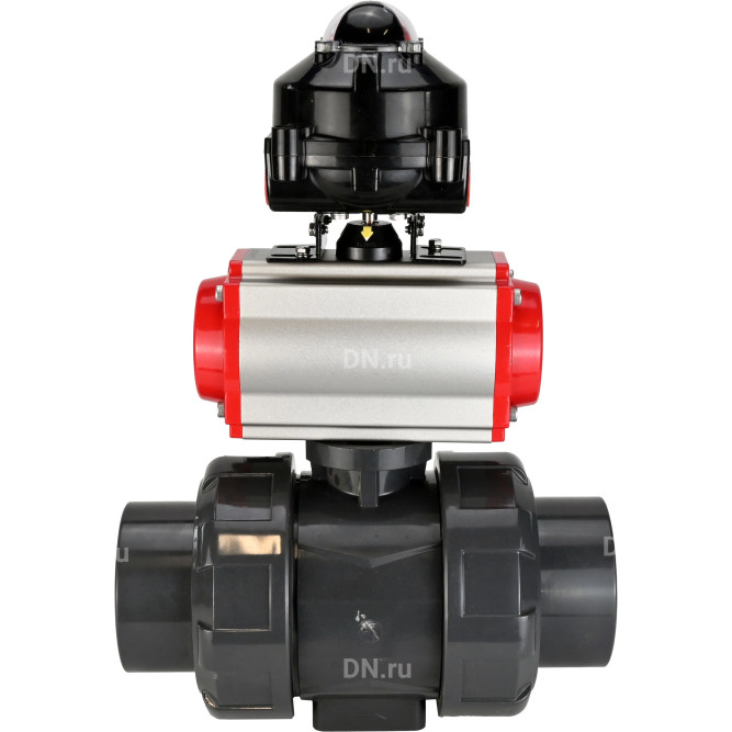 Кран шаровой BV4242E-FP-GRM-ISO Дн25 Ру10 полнопроходной, корпус - НПВХ, шар - НПВХ, уплотнение - EPDM, с пневмоприводом PA-SA-052, пневмораспределителем 4M310-08 DC24V и БКВ APL-510N EX в Омске