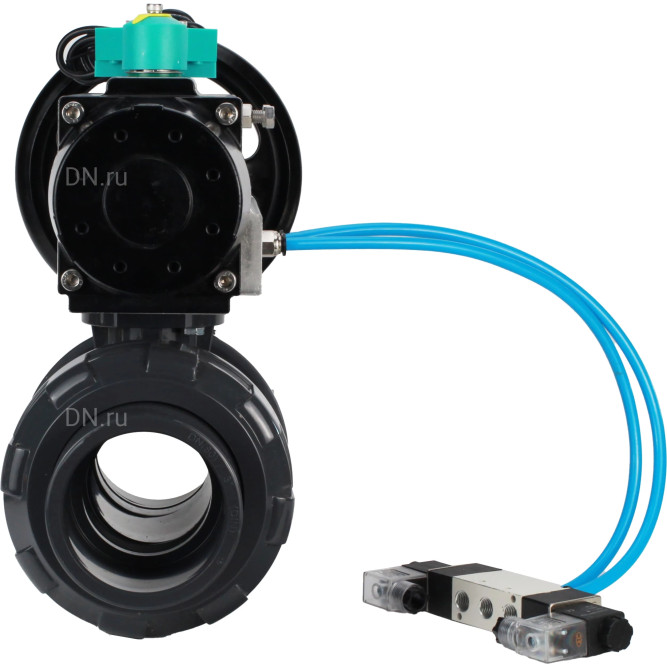 Кран шаровой BV4242E-FP-GRM-ISO Дн32 Ру10 полнопроходной, корпус - НПВХ, шар - НПВХ, уплотнение - EPDM, с пневмоприводом PA-DA-105-1, пневмораспределителем 4V320-08 AC220V и магнитным переключателем ALS200D в Омске