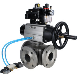 Кран шаровой BV3232P(4pc)-FP-3WL-F Ду100 Ру16 полнопроходной трехходовой, фланцевый, корпус - нержавеющая сталь SS316, с пневмоприводом PA-DA-105-1, пневмораспределителем 4V320-08 AC220V, БКВ APL-410N EX и БПВ AFC2000