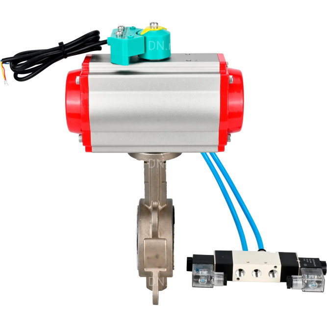Затвор дисковый поворотный WBV3131P-2W-Fb-H Ду125 Ру16 корпус - нержавеющая сталь 304, диск - нержавеющая сталь 304, уплотнение - PTFE, с пневмоприводом PA-DA-105, пневмораспределителем 4V320-10 AC220V и магнитным переключателем ALS200D в Омске