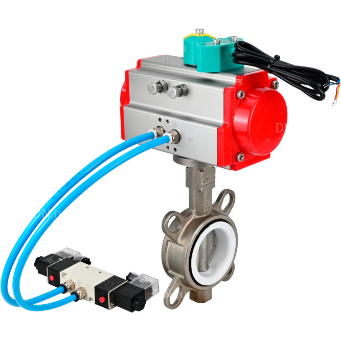 Затвор дисковый поворотный WBV3131P-2W-Fb-H Ду125 Ру16 корпус - нержавеющая сталь 304, диск - нержавеющая сталь 304, уплотнение - PTFE, с пневмоприводом PA-DA-105, пневмораспределителем 4V320-10 AC220V и магнитным переключателем ALS200D в Омске