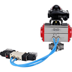 Кран шаровой BV3232P(4pc)-SP-3WL-T-ISO-H Ду20 Ру63, стандартнопроходной, четырехсоставной, корпус - нержавеющая сталь 316, уплотнение - PTFE, внутренняя резьба, с пневмоприводом PA-DA-052, пневмораспределителем 4V320-08 AC220V, БКВ APL-210N