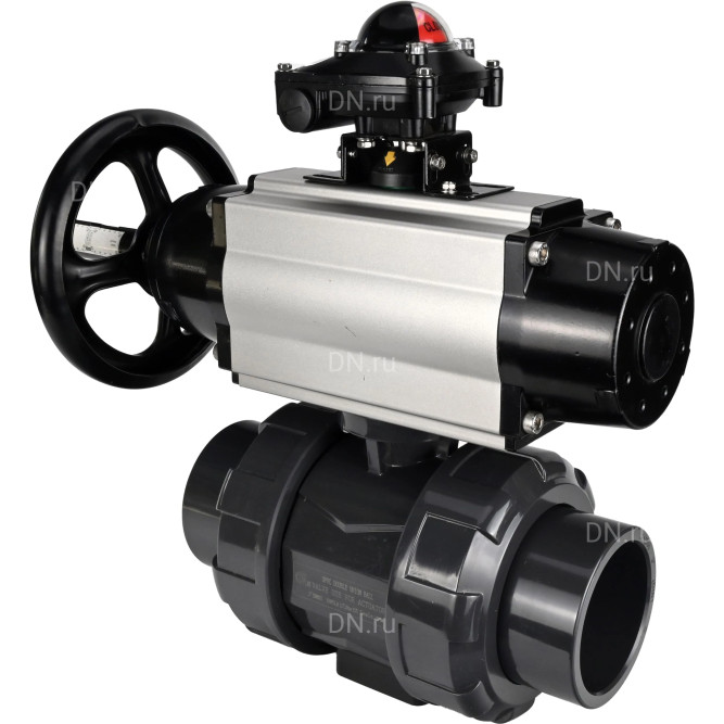 Кран шаровой BV4242E-FP-GRM-ISO Дн25 Ру10 полнопроходной, корпус - НПВХ, шар - НПВХ, уплотнение - EPDM, с пневмоприводом PA-DA-105-1, пневмораспределителем 4M310-08 DC24V и БКВ APL-210N в Омске