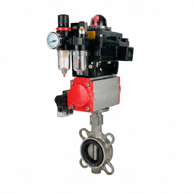 Затвор дисковый поворотный WBV3232V-2W-Fb-H Ду150 Ру16, корпус - нержавеющая сталь 316L, диск - нержавеющая сталь 316L, уплотнение - VITON, с пневмоприводом PA-DA-105, пневмораспределителем 4M310-08 DC24V, БКВ APL-410N EX и БПВ AFC2000 в Омске