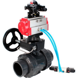 Кран шаровой BV4242E-FP-GRM-ISO Дн100 Ру10 полнопроходной, корпус - НПВХ, шар - НПВХ, уплотнение - EPDM, с пневмоприводом PA-DA-065, пневмораспределителем 4V320-08 AC220V, ручным дублером MON1-250-T26-ISO и БКВ APL-210N