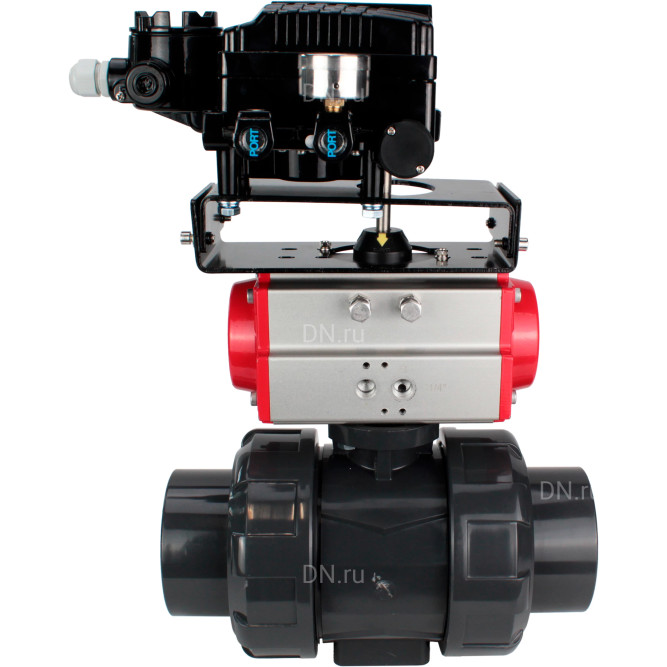 Кран шаровой BV4242E-FP-GRM-ISO Дн65 Ру10 полнопроходной, корпус - НПВХ, шар - НПВХ, уплотнение - EPDM, с пневмоприводом PA-SA-065 и пневмопозиционером YT-1000RSN с обратной связью в Омске