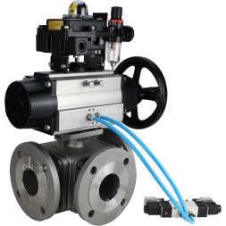 Кран шаровой BV3232P(4pc)-FP-3WL-F Ду100 Ру16 полнопроходной трехходовой, фланцевый, корпус - нержавеющая сталь SS316, с пневмоприводом PA-DA-105-1, пневмораспределителем 4V320-10 AC220V, БКВ APL-410N EX и БПВ AFC2000