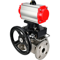 Кран шаровой BV3232P(4pc)-FP-3WL-F Ду20 Ру16 полнопроходной трехходовой, фланцевый, корпус - нержавеющая сталь SS316, с пневмоприводом PA-DA-052 двойного действия, пневмораспределителем 4M310-08 DC24V и ручным дублером MON1-250-T26-ISO
