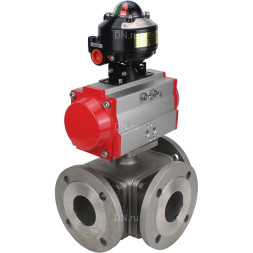 Кран шаровой BV3232P(4pc)-FP-3WL-F Ду40 Ру16 полнопроходной трехходовой, фланцевый, корпус - нержавеющая сталь SS316, с пневмоприводом PA-DA-065 двойного действия и БКВ APL-510N EX