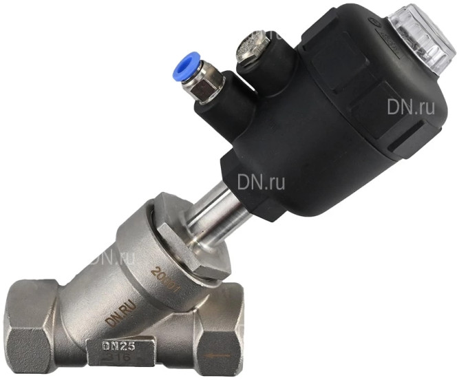 Клапан отсечной пневматический VSP3241P-T-1PNC Ду25 Ру25, корпус - нержавеющая сталь SS316, резьбовой, Y-образный, корпус привода - пластик в Омске