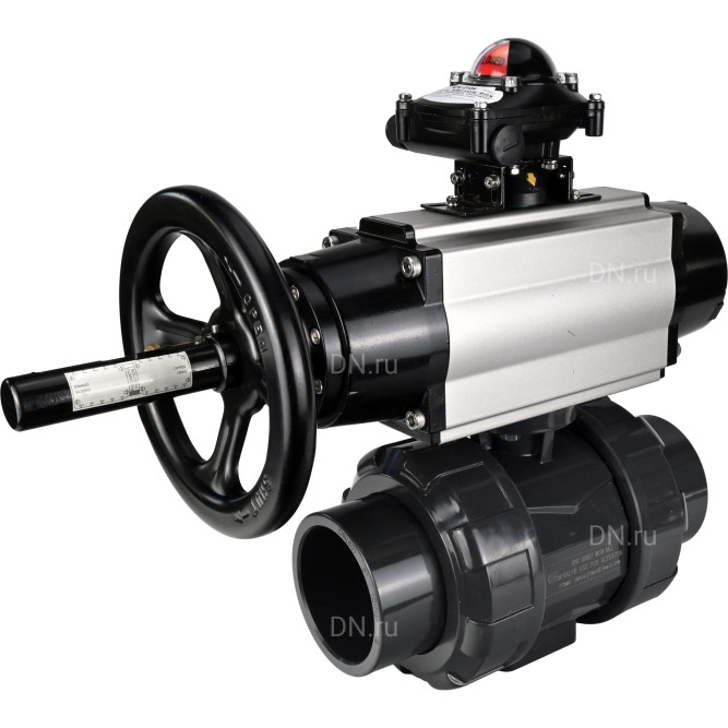 Кран шаровой BV4242E-FP-GRM-ISO Дн32 Ру10 полнопроходной, корпус - НПВХ, шар - НПВХ, уплотнение - EPDM, с пневмоприводом PA-DA-105-1, пневмораспределителем 4M310-08 DC24V и БКВ APL-210N в Омске