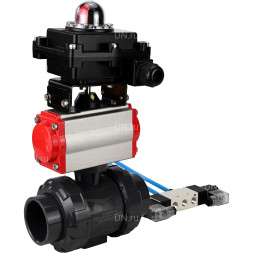 Кран шаровой BV4242E-FP-GRM-ISO Дн65 Ру10 полнопроходной, корпус - НПВХ, шар - НПВХ, уплотнение - EPDM, с пневмоприводом PA-SA-065, пневмораспределителем 4V320-08 AC220V и БКВ APL-410N EX