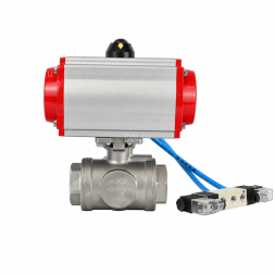 Кран шаровой BV3232P(4pc)-SP-3WL-T-ISO-H WDVF Ду65 Ру40 стандартнопроходной, 3-ходовой L-тип, внутренняя резьба, корпус - нержавеющая сталь AISI 316, уплотнение - PTFE, с пневмоприводом PA-DA-105 и пневмораспределителем 4V320-10 AC220V