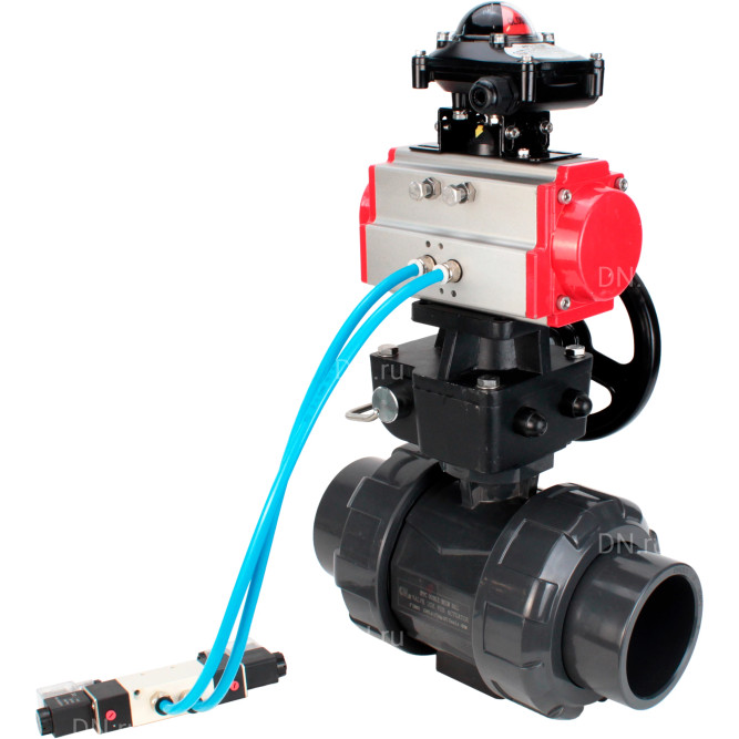 Кран шаровой BV4242E-FP-GRM-ISO Дн15 Ру10 полнопроходной, корпус - НПВХ, шар - НПВХ, уплотнение - EPDM, с пневмоприводом PA-DA-052, пневмораспределителем 4V320-10 AC220V, ручным дублером MON1-250-T26-ISO и БКВ APL-210N в Омске