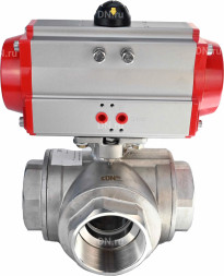 Кран шаровой BV3232P(4pc)-SP-3WL-T-ISO-H Ду40 Ру63 стандартнопроходной L-тип, трехходовой, нержавеющая сталь SS316, внутренняя резьба, уплотнение - PTFE, с пневмоприводом PA-DA-65 двойного действия