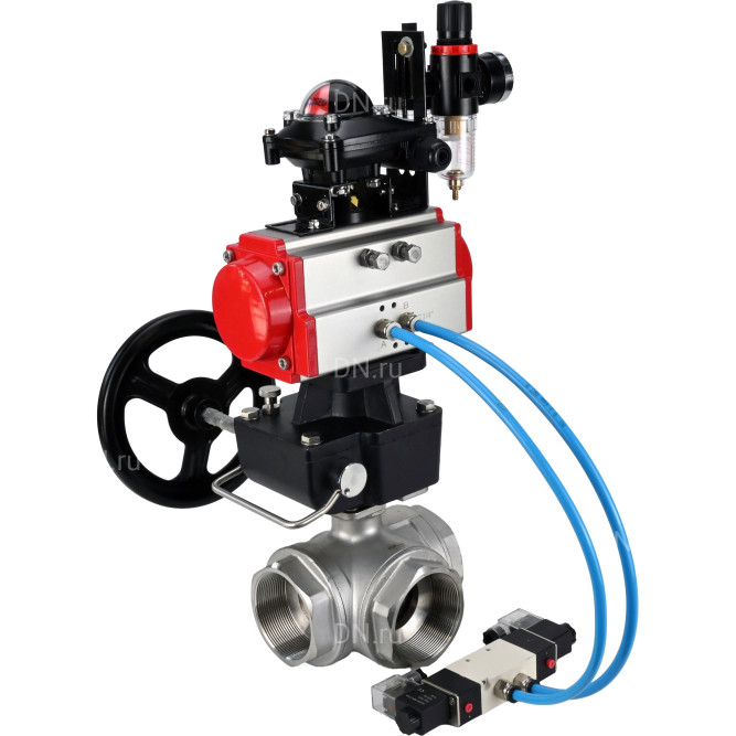 Кран шаровой BV3232P(4pc)-SP-3WL-T-ISO-H Ду65 Ру40, стандартнопроходной, нержавеющая сталь 316, PTFE, внутренняя резьба, с пневмоприводом PA-DA-083, пн.распределителем 4V320-10 AC220V, БКВ APL-210N, ручным дублером MON2-450-T28-ISO, БПВ AFC2000 в Омске