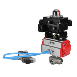 Кран шаровой BV3232P(4pc)-SP-3WL-T-ISO-H Ду32 Ру63, стандартнопроходной, четырехсоставной, корпус - нержавеющая сталь 316, уплотнение - PTFE, внутренняя резьба, с пневмоприводом PA-SA-065, пневмораспределителем 4V320-08 AC220V, БКВ APL-410N Ex